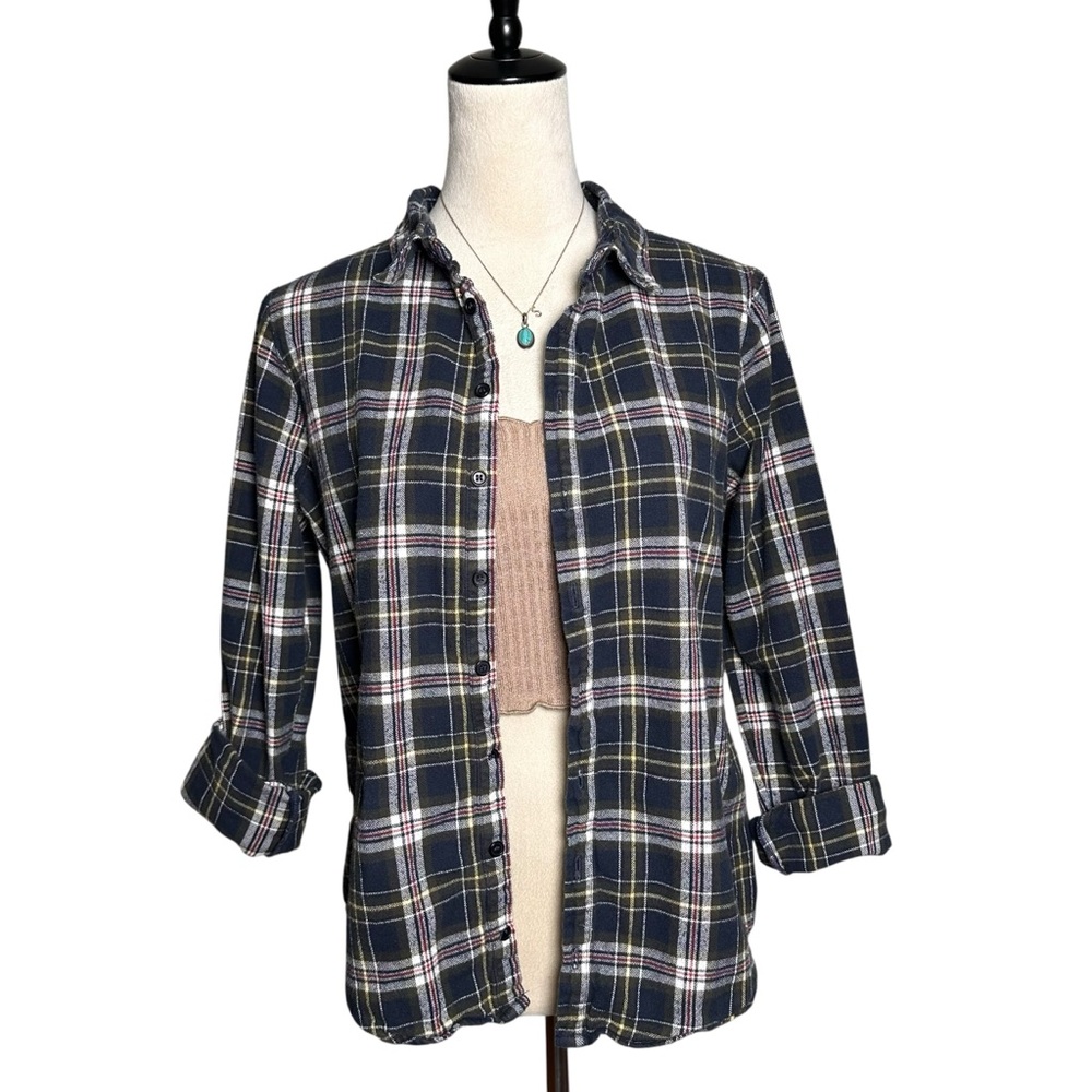 CP Shades Plaid Flannel Shirt Small USA Made 100%‎ Cotton Navy Grunge Button Up